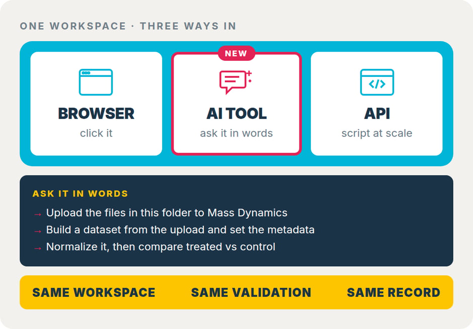 One workspace, three ways in: Browser (click it), AI tool (ask it in words, new), API (script at scale). Same workspace, same validation, same record.